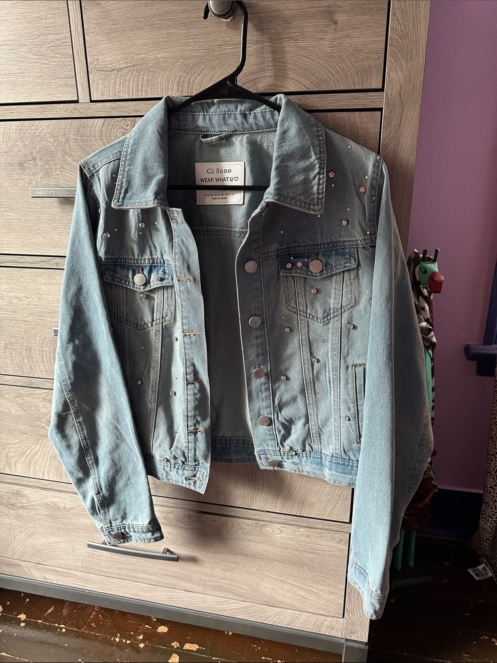 Ci Sono Light Wash Denim Jacket with Stud Accents - Blue
